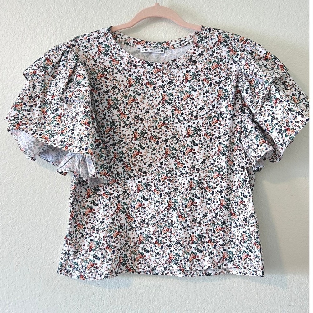 Zara Cottagecore Whimsy Floral Puff Sleeve Ruffle Top Cotton Ditsy Print SZ L